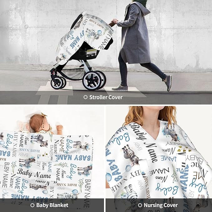 Personalized Baby Car Seat Cover Winter Custom Minky Carseat Cover Boy Girls with Name Zebra Carseat Canopy Customized Car Seat Canopy Infant Carrier Covers Nursing Cover Toddler Blanket