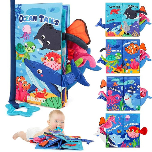 BBWOO Soft Baby Book Toy - Newborn Boy Girl Shower Gift - Tummy Time Toy for Infant 0-6 6-12 Months - Touch and Feel Sensory Crinkle Book with Teether - Baby Boy Girl Gift - Easter Basket Stuffers