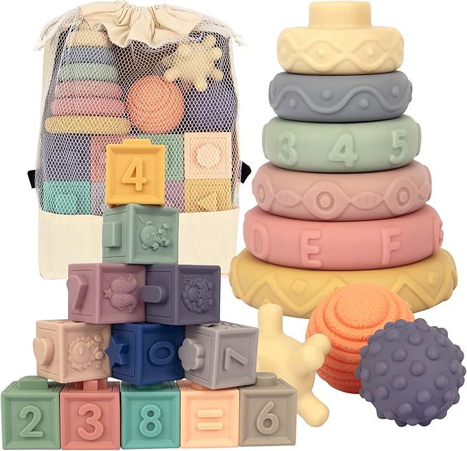 21PCS Montessori Toys for Babies,Teething Toys for Babies Months, 6 Months+, Early Educational Learning Stacking Tower, Sensory for Toddlers 1-3, Soft Rings Stacker & Teethers
