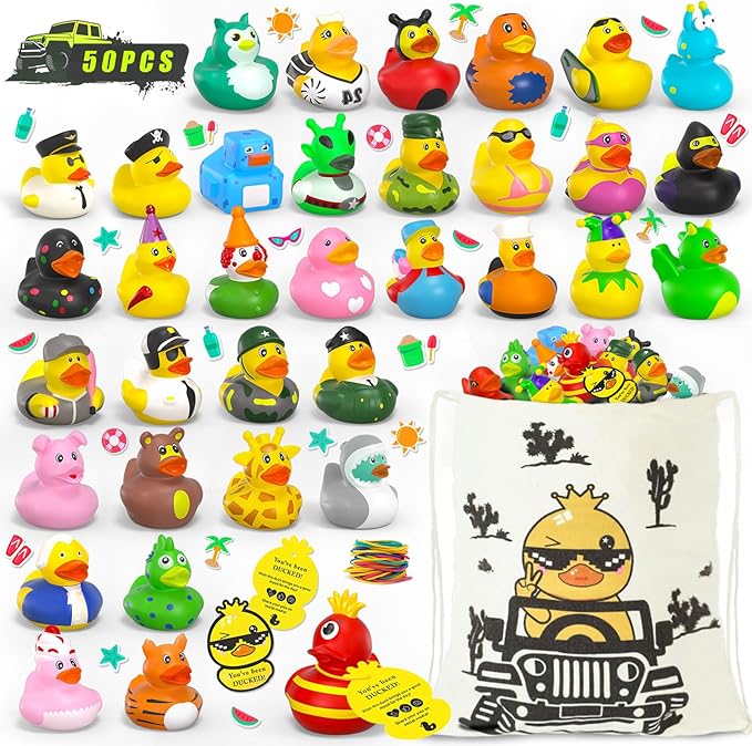 51 Pcs Jeep Ducks for Ducking,50 Rubber Ducks+1 Duck Bag+50 Tags Cards+50 Rubber Bands, Toddler Baby Party Favors