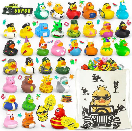 51 Pcs Jeep Ducks for Ducking,50 Rubber Ducks+1 Duck Bag+50 Tags Cards+50 Rubber Bands, Toddler Baby Party Favors