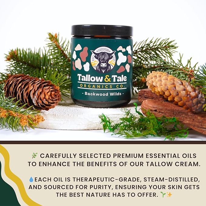 Tallow And Tale Grass-Fed & Finished Organic Tallow Cream | Face & Body Moisturizer | For Sensitive, Dry & Irritated Skin (8 OZ, Backwood Wilds - Pine, Fir Needle, Frankincense & Rosemary)
