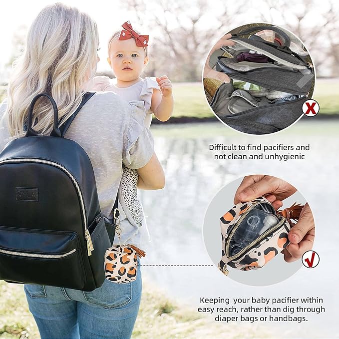 Smlpuame Pacifier Holder Case,BPA Free Leather Baby Pacifier Cover Pouch,Binky Case for Diaper Bag or Purse,Holder 4 Pacifiers or Teether Toy,Outdoor Travel Accessories,Easy to Clean(Leopard)