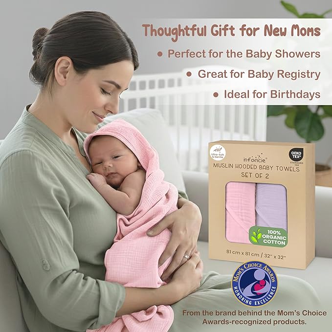 100% Organic Cotton Muslin Baby Hooded Towels - 32x32 Inch, 2 Pack Newborn Bath Towels for Boys & Girls, Soft & Absorbent Bath Set (Light Pink/Light Purple)
