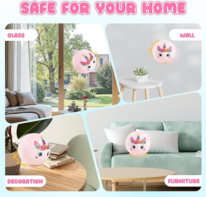 ZOOJOY Soft Balls for Toddlers 1-3, Silent Indoor Soccer Ball Size 3, Plush Inflatable House Ball for Kids 3-5, Kickball Toys First Birthday Gifts for Baby Boys Girls, Pink Unicorn, Pump Include