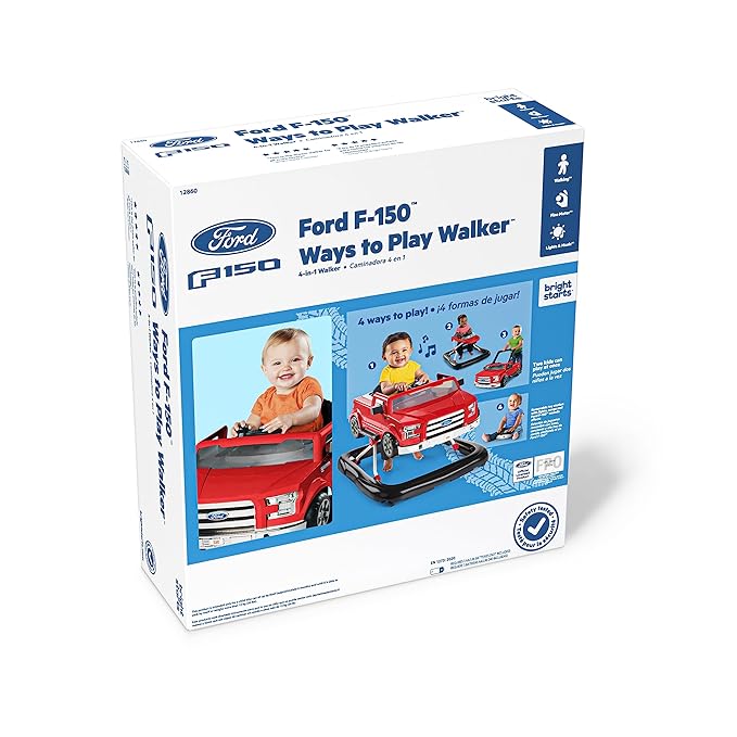 Bright Starts Ford F-150 4-in-1 Red Baby Activity Center & Push Walker with Removable Interactive Steering Wheel -Toy, 6 Months and up