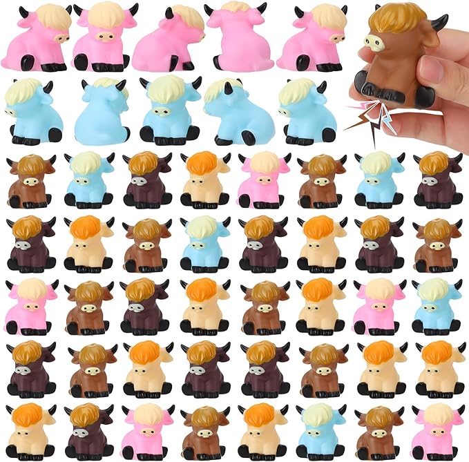 50 Pcs Highland Cow Rubber Figurines,Mini Rubber Cows Bath Float Squeaky Highland Cow Toys for Baby Shower Birthday Gift (2x2x1.8 inches)