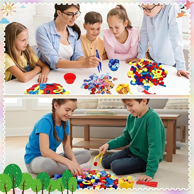 Sensory Bin Filler Set with Pom Poms, Sensory Bin Fillers for Fine Motor Development Counting and Sorting for Fine Motor Skills, Back to School Learning Activities