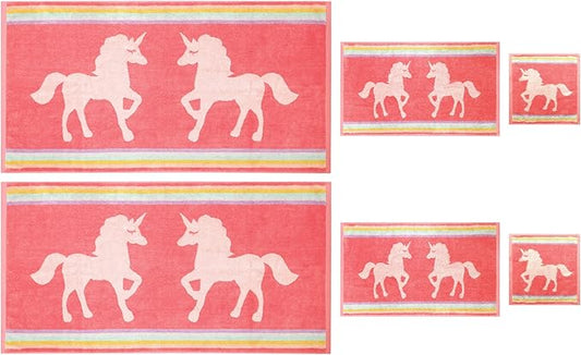 ORIGINAL KIDS 6 Piece Unicorn Towel Set - 100% Cotton Terry Jacquard – 2 Bath Towels, 2 Hand Towels, 2 Washcloths - 630 GSM Super Soft Absorbent Kids Bathroom Set - Pink Multicolor