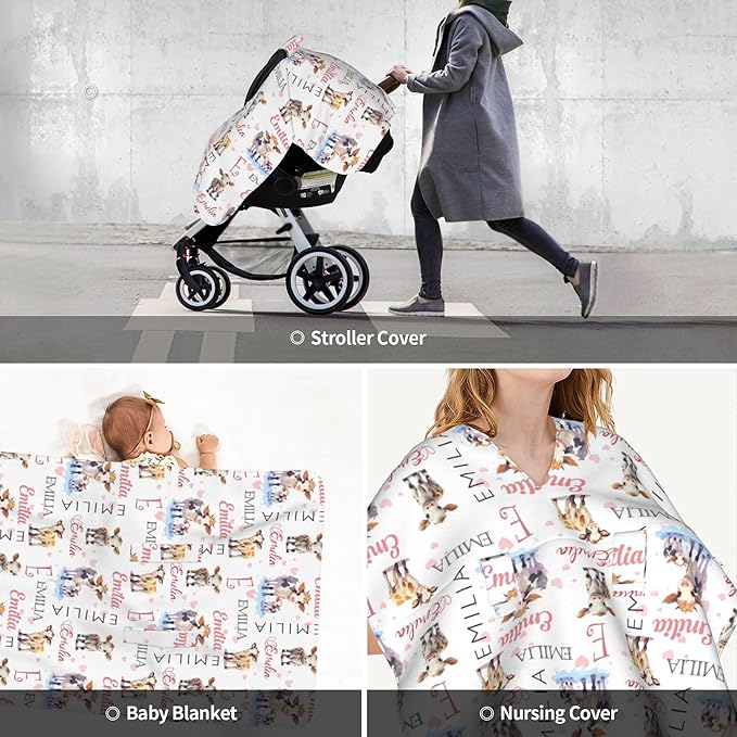 Custom Baby Car Seat Canopy Personalized Car Seat Covers with Name for Baby Boys Girls Customized Cow Nursing Breastfeeding Cover Infant Carseat Canopies Newborn Minky Baby Blanket