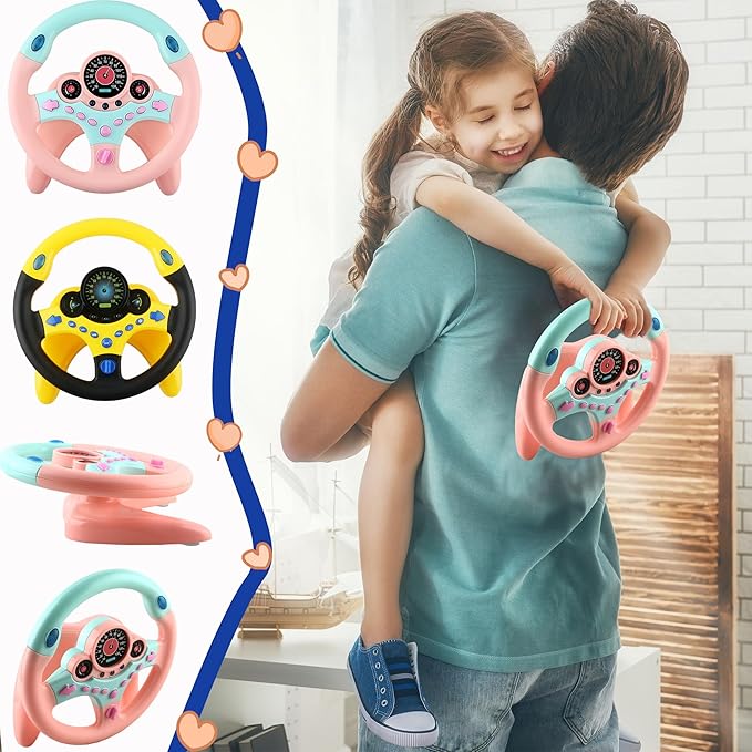2 Pack Car Driving Simulated Toy Kids Steering Wheel Copilot Driving Steering Wheel Toy with Light Music for Kids Early Learning Educational Sounding Toys, 2 Colors