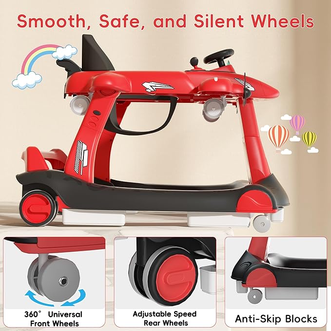 Betterhood 6-in-1 Foldable Baby Walker with Adjustable Height & Speed, Airplane-Themed Activity Push Walker with Music & Lights, Wheels, Anti-Slip Design, Suitable for Boys & Girls Aged 6-18 Months