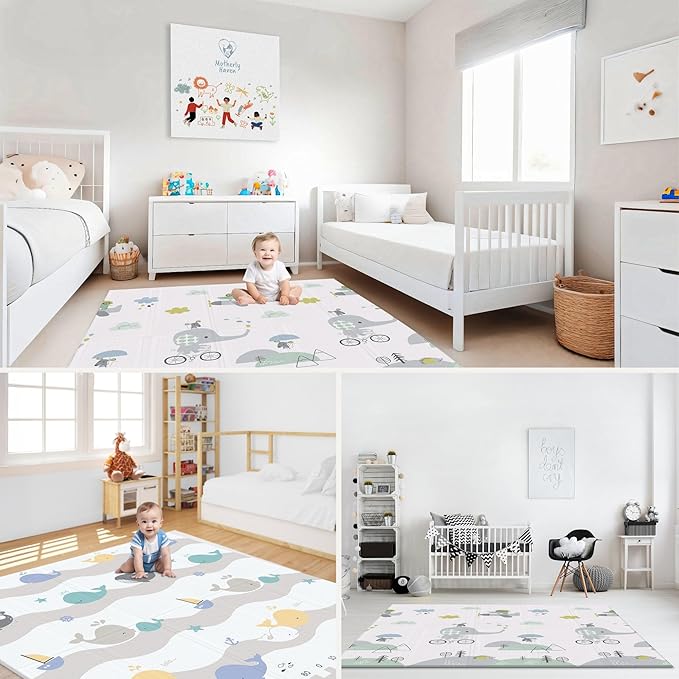 Motherly Haven 79x71 Foldable Baby Play Mat for Floor, Extra Large Reversible Foam Play Mat for Babies 6-12 Months, Waterproof Portable Foam PlayMat for Tummy Time for Toddler - Whales
