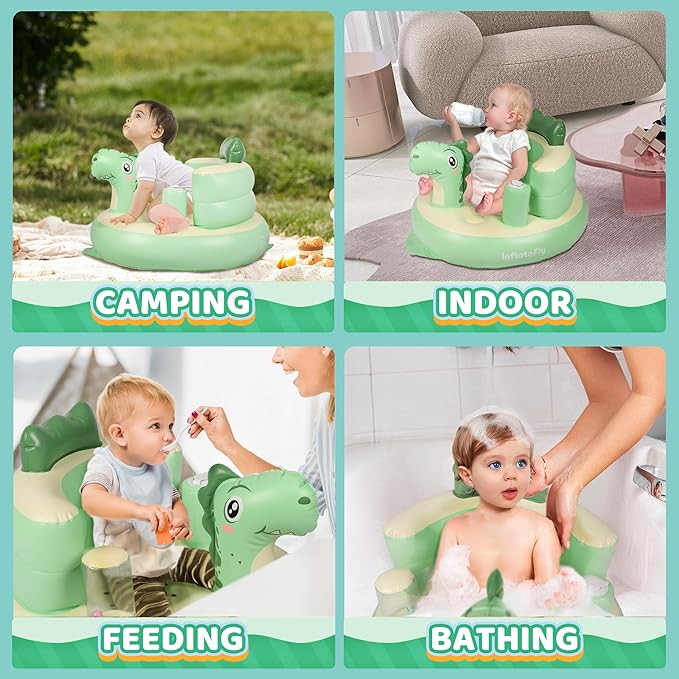 Baby Seat Inflatable Infant Floor Seat Toddler Chair Support Sitting Up Built in Air Pump with Tinkling Bells for 5-36 Months Home and Travel (Green)