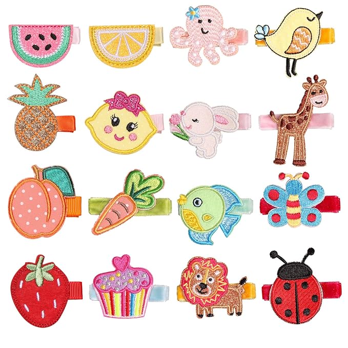 inSowni 16 Pack Embroidery Cute Fruit Animal Fully Lined Alligator Hair Clips Accessories Barrettes for Baby Girl Toddlers Infants Kids Teens One Size