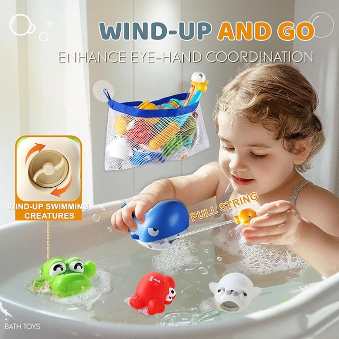 Aprilwolf Bath Toys for Kids, Magnetic Fishing Toys with Storage Bag and Light up Star, Wind Up Creatures Baby Bathtub Birthday Gifts for Toddlers 2-4 Boys Girls, 11 Pcs Set