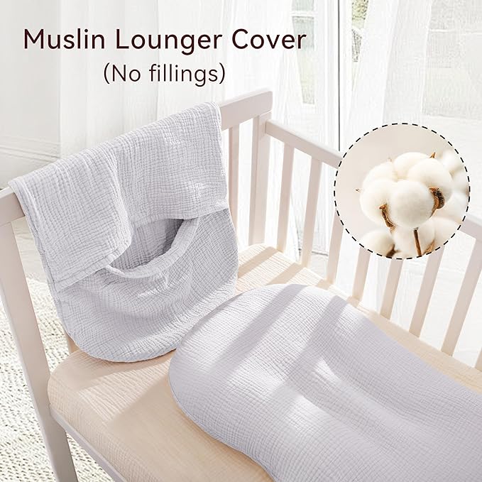 Muslin Baby Lounger Cover 1 Pack, Cotton Soft Breathable Infant Nest Slipcover, Envelope Closure, Compatible with Snuggle Me Loungers, Machine Washable, Cover Only, for Boys Girls(Gray)