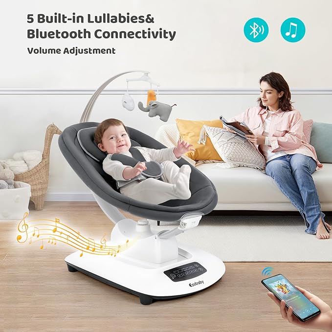 Ezebaby Electric Baby Swing for Infants with 5 Unique Motions, 5 Speeds, Lullabies, Bluetooth Enabled, Smart Baby Swings for Newborn with 5-Point Harness & Remote Control for 0-9 Months, Grey