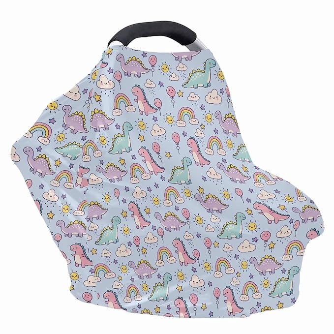 Biyejit Dinosaur Clouds Baby Car Seat Cover, Infant Carseat Canopy, Nursing Breastfeeding Cover, Stretchy Carrier Covers for Stroller/Shopping Cart, Newborn Registry & Shower Gift for Boys Girls