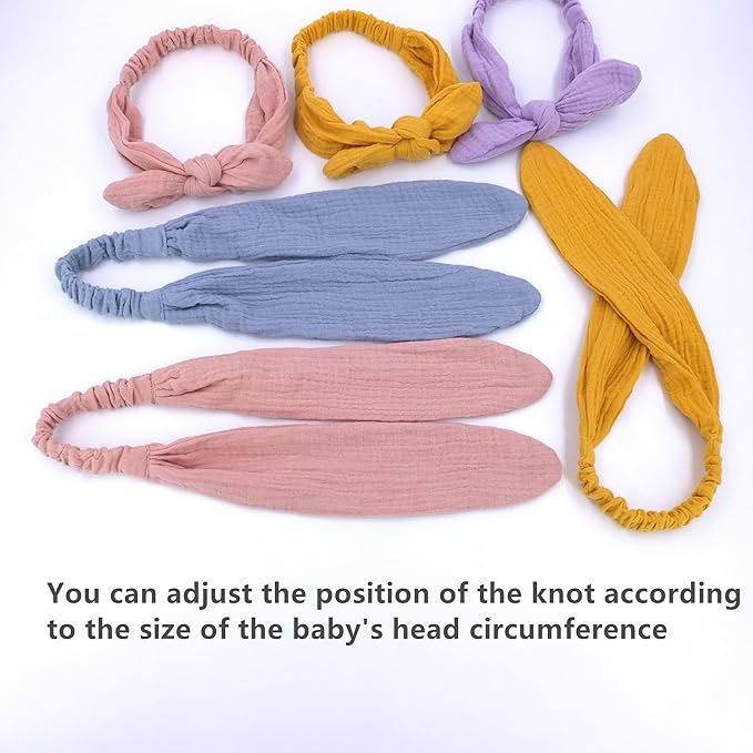 Sugarmelon Original Cotton Gauze Headband for Newborn Toddler Infant Baby Girl Kids Muslin Cotton Hair Bow Headbands Turban Elastic Hair Bands (6 pcs Knot Headband)