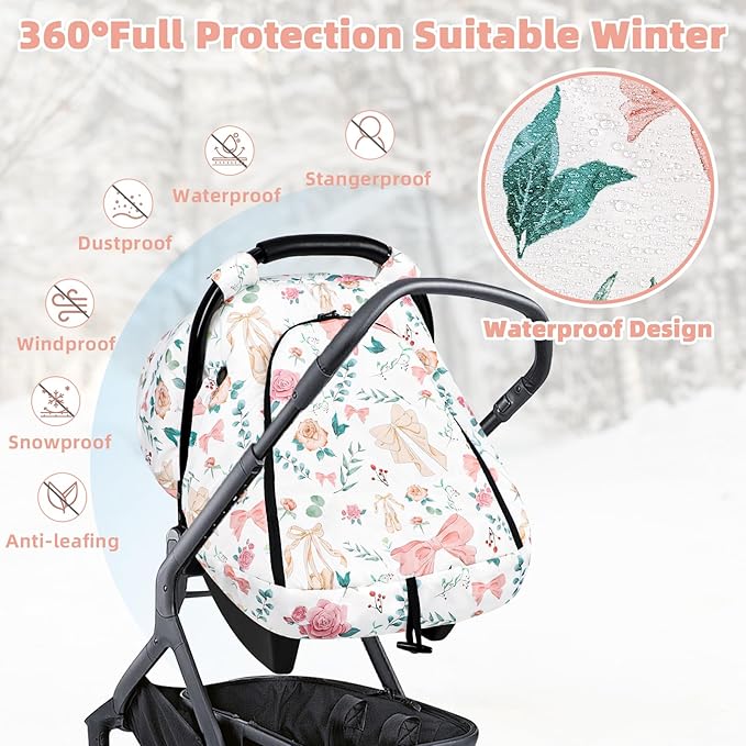 Winter Car Seat Cover Baby, GFU Warm Carseat Cover for Babies, Universal Infant Car Seat Canopy Waterproof, Cold Weather Shield Coats Pink Bow