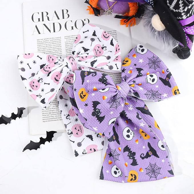 Halloween Baby Girl Bows 7 Inchs Baby Girl Bows Toddler Nylon Headbands Newborn Headband Bows Hair Accessories 2 PCS, 1-Purple,Pink