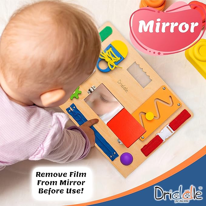 Driddle Busy Board - Wooden Montessori Activity Board for Toddlers & Kids - 12 Educational Sensory Toys to Learn Basic Life Skills & Develop Fine Motor Skills + Baby Mirror