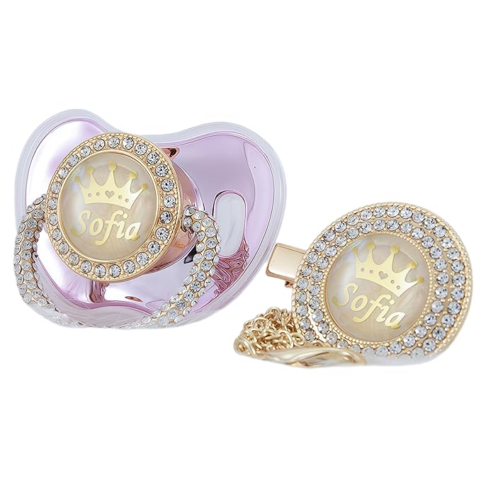 Personalized Name Anniversary All Bling Pacifier and Clip Set Gold Plated New Born Gift Photography No for Daily Use (Gold Pink)
