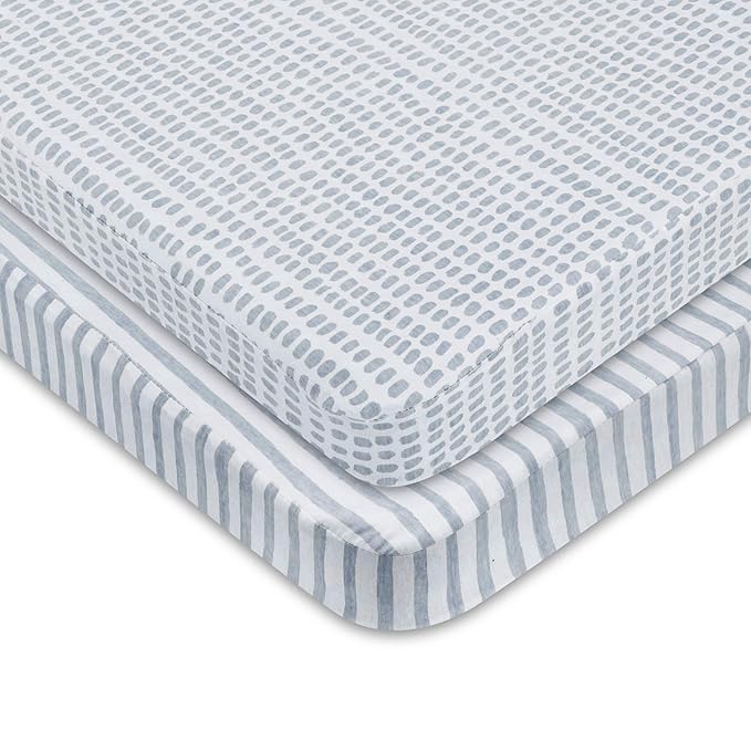 Ely’s & Co. Waterproof Pack and Play/Mini Crib Sheets – All-in-One Mattress Protector and Fitted Playard Sheets – Jersey Cotton – Blue Splash & Stripes, Baby Boy Nursery Bedding Essential – 2-Pack