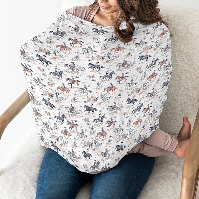 Boho Western Cowboy Car Seat Covers for Babies Vintage Cowboys Horse Stretchy 5-in-1 Cover Adjustable Infant Carseat Canopy Cover Wild West Desert Breathable Nursing Cover-Up