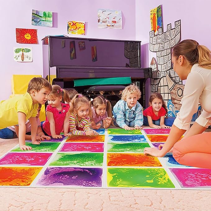 Edusense Sensory Liquid Floor Tiles for Autism, Activity Play Mats for Kids,Sensory Early Learning Room, Square Decorative Tiles Multi-Color with Anti-Slip Backing 12" X 12" Pack of 9 PCS