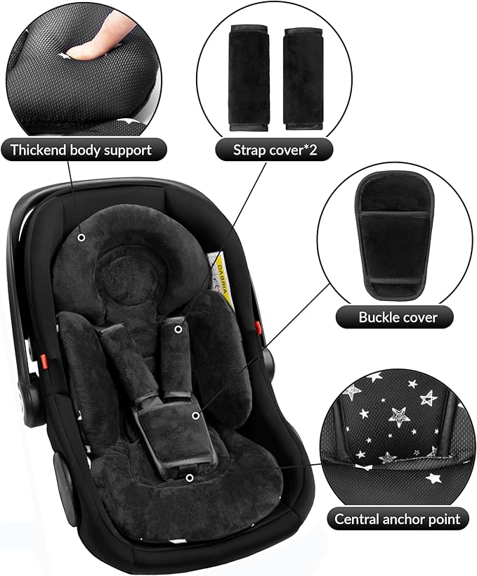 TinlyFinly Newborn Car Seat Insert, Head and Body Support, Reversible Infant Insert Compatible with Baby Carseat, Stroller, Mamaroo Swing, Rocker, Bouncer. Baby Car Seat Cushion - Black