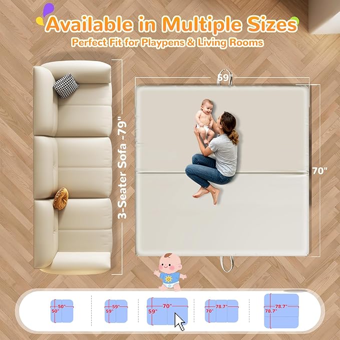 Baby Play Mat for Floor– 1.2" Thick, Foldable, Waterproof, 70×59 Playpen Mat, Non-Toxic, Easy to Clean, Thickened Foam Cushioned, Perfect for Tummy Time & Crawling, Babies & Toddlers