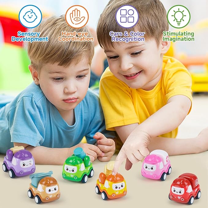 Baby Mini Car Toys for 1 Year Old Boy Gifts, 6 Sets Pull-Back Trucks for Toddlers Age 1-3, Infant Push and Go Friction Powered Vehicles, Early Educational Birthday Gift for 1 2 3 Year Olds Boy Girl