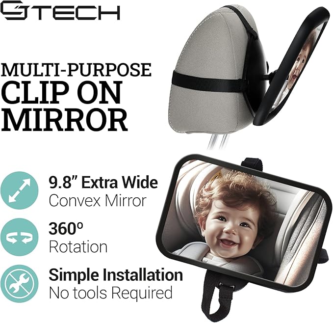 Baby Car Mirror with 360° Rotation - 9.8" Convex Shatterproof Mirror for Baby Safety with Extra Wide & Clear View - car seat mirror for baby rear facing with Adjustable Straps