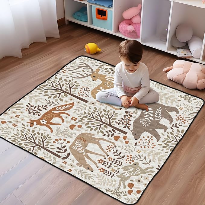 Baby Play Mat Woodland Fox Deer Trees Leaves 50 x 50 Playpen Mat Baby Play Mats for Floor Play Gym Crawling Mat Non-Slip Cushioned Baby Playmat for Infants, Babies, Toddlers