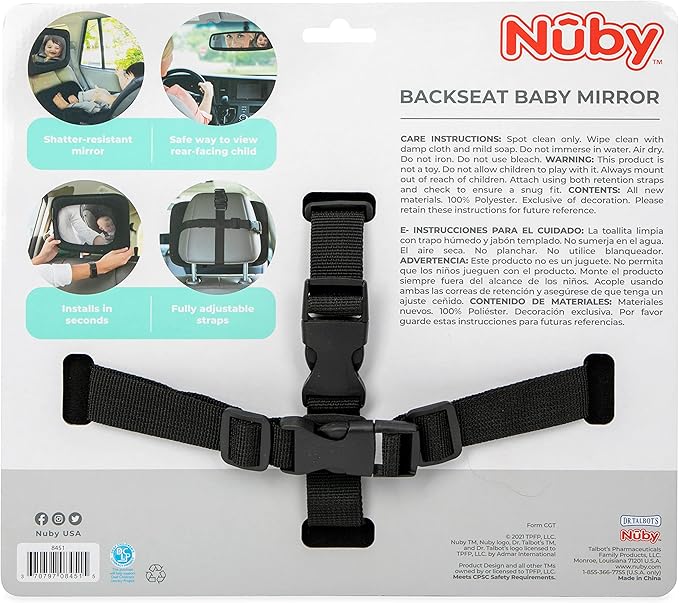 Nuby Backseat Baby Mirror with Fully Adjustable Straps, Shatter Resistant, Installs in Seconds, Black