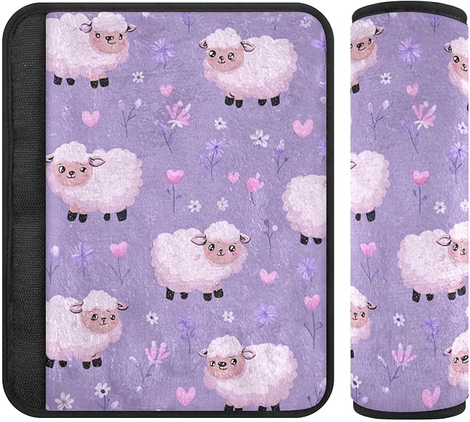 2 Pack Seatbelt Covers Seat Belt Cover Pad for Adults Boys Girls Car Seat Strap Covers Pads Cushion Universal Shoulder Strap Pad Protector for Backpack Camera Bag 6.5 Inch Purple Cute Floral Sheep