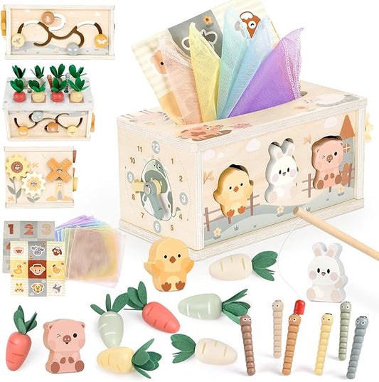 Joyreal 8-in-1 Montessori Tissue Box Toy for Baby 12 Months - Neutral Color Wooden Activity Cube for Boys and Girls First Birthday Gifts - Sensory Toy for Toddlers 1-3 Preschool Learning Education