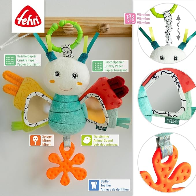 Fehn Activity-Schmetterling – Motorikspielzeug für Stroller, Kinderbett & Babyschale – zum Beißen, Greifen, Geräusche erzeugen – für Babys & Kinder ab 3+ Monaten