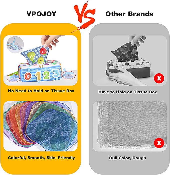 Baby Tissue Box Toy, Soft Montessori Tissue Box Baby Toys 6 to 12 Months, High Contrast Crinkle Paper Sensory Silk Scarves Toys for 1 Year Old Boys Girls Kids Early Learning Gifts