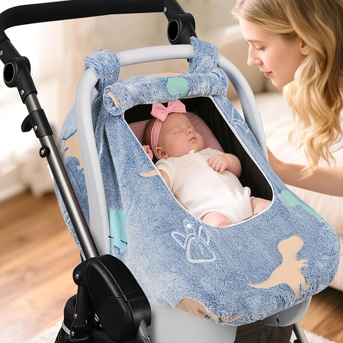 Car Seat Cover Baby Boys Girls, Soft Flannel Infant Carseat Cover with 2 Zipper Windows, Dinosaur Carrier Cover Canopy Glow in The Dark, Comfortable & Machine Washable, Blue