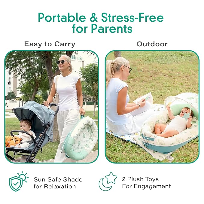 JollyBoo® Deluxe Infant Lounger Pillow - Baby Lounger 0-24 Months | Bamboo-Cotton Portable Baby Nest with Foldable Sunshade & 2 Plush Toys | Soft, Breathable Mesh for Cool, Safe Rest (Green Leaves)