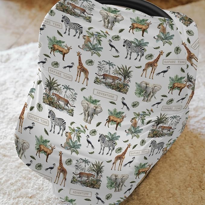 Safari Animals Adventure Car Seat Cover for Baby Elephant Leopard Giraffe Zebra Tropical Leaves Stretchy 5-in-1 Cover Adjustable Infant Carseat Cover Canopy African Animal Breathable Nursing Cover-Up
