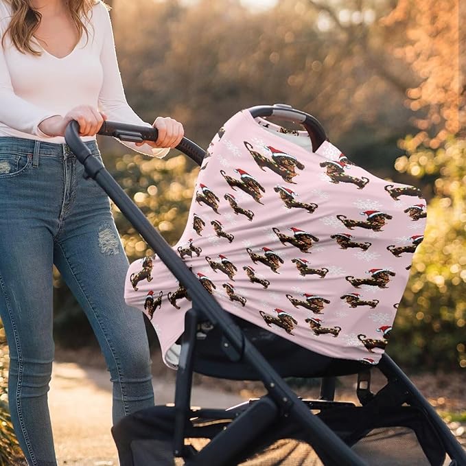 AFPANQZ Christmas Dachshund Baby Car Seat Cover Canopy and Nursing Cover Infant Baby Car Canopy Cover Warm Breathable Windproof Open Peep Top Universal Fit