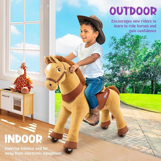 PonyCycle Plush Interactive Riding Horse Kids Ride on Toy Ride on Horse Walking Horse, Essential Model E Size 4 for Age 4-7, No Electricity with Wheels, Giddy up Riding Toys Pony Light Brown E436