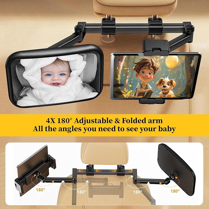 Baby Car Mirror for Baby Rear Facing - Infant Back Seat Mirrors With Holder and Hooks for Fixed Headrest Safety Large Wide Adjustable Auto Rearview, 2 In 1