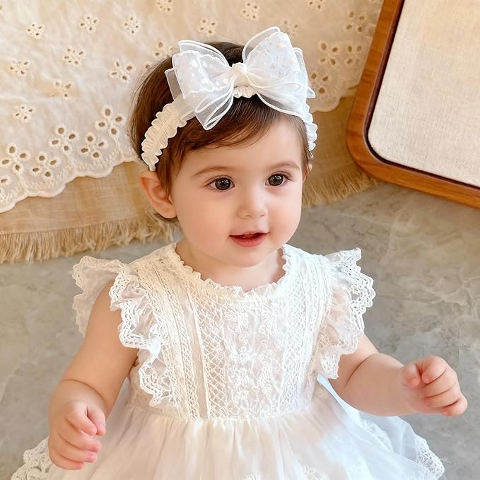 Handmade Baby Girl Headbands in Beige Baby Bows and Floral Lace Headband Bows for Newborns and Toddlers Cute Baby Girl Bows and Newborn Headband Bows