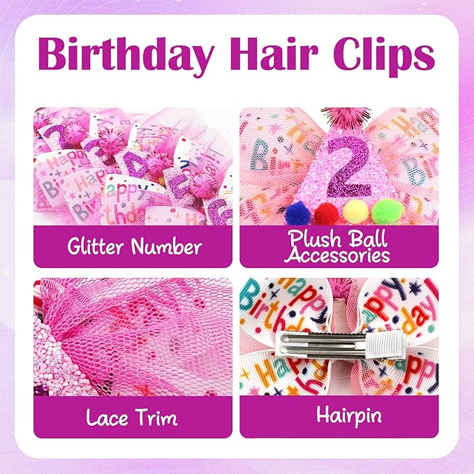 2nd Birthday Hair Bow for Girls, Hot Pink Hair Clip Hair Accessories for Girls 1 2 3 4 5 6 Years Birthday Party Supplies Decorations