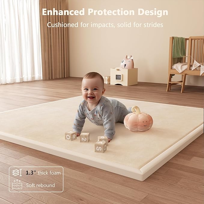 Floisdace Baby Play Mat for Floor, 1.3'' Thick Memory Foam Tummy Time Mat - Super Soft Coral Velvet Nursery Rug with Non-Slip Backing, Crawling Rug for Toddlers/Infants, Yoga & Tatami Use, 71''x 79''
